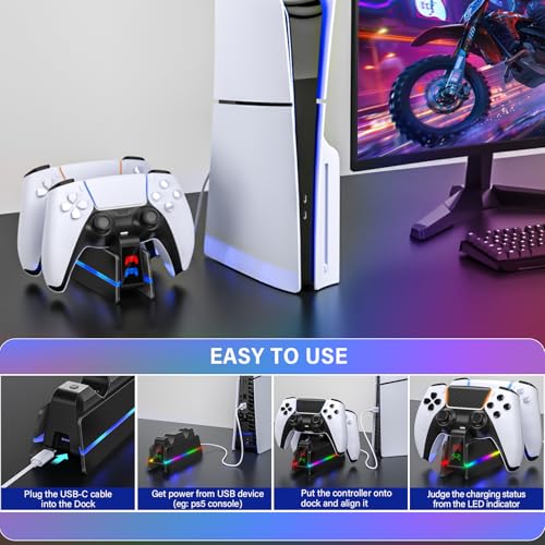 PS5-Controller-Charger-Station - Charging Station for PlayStation 5 Dualsense/Edge Controller with 9 Color Led Light, Fast Charging Dock & Holder Stand for PS5/Slim/Pro Remote - Whole Black - color: Whole Black P48