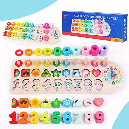 QZMTOY Preschool Educational Learning Montessori Toys for Kids, Toddler Puzzles Number Shape Sorter Counting Stacker with Clock Weather, Boys Girls Activities Math Game Gift for Age 3 4 5 Years - color: Rainbow With Clock