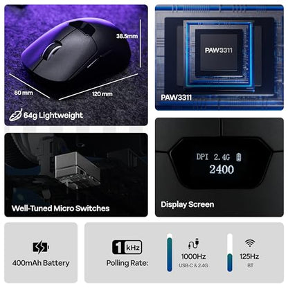 MechLands Aula SC390 Lightweight Gaming Mouse with Display Screen | 2.4G/USB-C/BT Wireless Mouse w/ 400mAh Battery, Adjustable 20,000 DPI, 1000 Polling Rate, PAW3311 Sensor, for Win/Mac (Black) - color: Black