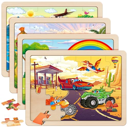 SYNARRY Large Wooden Monster Truck Puzzles for Kids Gift Box(12.2*9.4 in), 24 Piece Puzzles for Toddlers 3-5, Wood Jigsaw Puzzles for Kids Ages 4-6, Easter Basket Stuffers Gifts for Kids - style: Vehicle