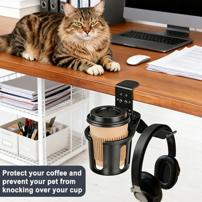 MYITYARD Desk Cup Holder Clamp, 2 in 1 Anti-Spill Clip On Table Cup Holder with Headphone Hanger, Rotatable Water Bottle Stand Drink Coffee Mug Storage, Office Accessories for Home and School - color: Black-1 with Headphone Hanger