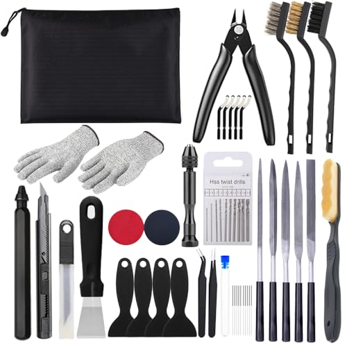 62PCS 3D Printer Tool Kit, 3D Post-Processing Accessories with Hand Drill, Deburring Tool, Cutter, Needle Files, Scrapers, Brushes, Tweezers, and Nozzle Cleaning Set for 3D Model Finishing - color: Black bag 62pcs