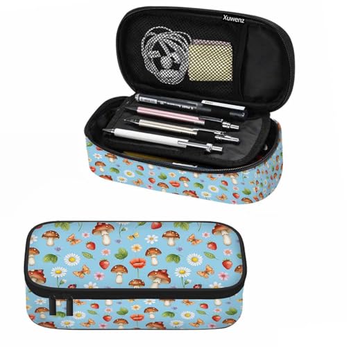 Mushrooms Pencil Case Organizer Butterfly Strawberry Summer Flowers Berries Stationery Box Makeup Colleague Office Supply for Adults Men Women - color: Mushrooms