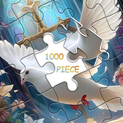 Christian Puzzles for Adults 1000 Pieces, Easter Religious Puzzle with Cross, Bible and White Dove, Catholic Book Floral Bible Jigsaw Puzzle, Faith Bird Religious Wall Decor