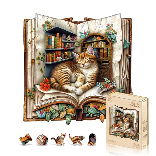 Jigfoxy Wooden Puzzles for Adults, The Cat in the Book Wood Puzzle for Adults, Unique Animal-Shaped Wooden Jigsaw Puzzle, Christmas Thanksgiving Gifts for Family and Friends (M-10.6 * 10.4in-195pcs) - color: Cat, size: Medium