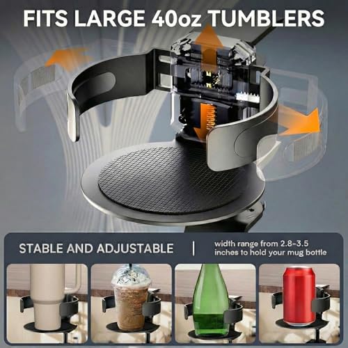 3 in 1 Desk Cup Holder & Headphone Hanger, 360° Rotating Under-Desk Hook, Aviation-Grade Aluminum Clamp-On for Gaming Desks, Workbenches, Shelves & Camping Chair Armrests, Fits Large 40oz Tumblers