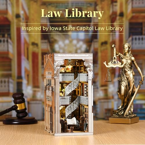 MiniCity Book Nook Kit, DIY Dollhouse Booknook, Book Nook Miniature Kit for Bookshelf Insert Decor Crafts for Adults Teen Halloween, 3D Wooden Puzzle with Led Light (Law Library) | 550-piece wood/paper/plastic kit with LED and dust cover; glue/tools inclu