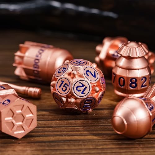 UDIXI Metal Dice Set D&D, RPG 7PCS Polyhedral Metal DND Dice Set Copper | Bomb Shape, Solid Metal, Cool Design, Leather Pouch Pakaging, for Dungeons and Dragons Role Playing Games Tabletop Game - color: Copper Blue