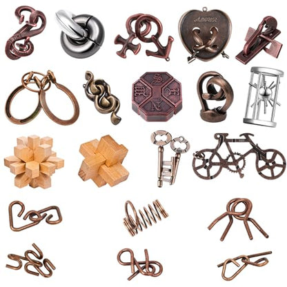 20 PCS Brain Teaser Puzzles – Mind Puzzles for Adults & Kids, Challenging Metal Puzzles for Logic & Focus, Fun Family, Perfect for Christmas Stocking Stuffers - style: 20PCS Metal+Wood Puzzles