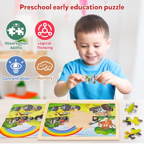 SYNARRY Large Wooden Monster Truck Puzzles for Kids Gift Box(12.2*9.4 in), 24 Piece Puzzles for Toddlers 3-5, Wood Jigsaw Puzzles for Kids Ages 4-6, Easter Basket Stuffers Gifts for Kids - style: Vehicle