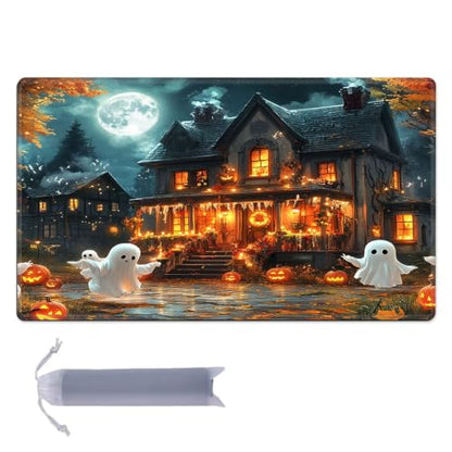 for MTG Playmat, Custom Trading Card Game Mat 17.3 x 13.8 in | Ghostly Pumpkin House Premium Non-Slip Rubber Base, Water-Resistant & Stitched Edges, Personalized High-Definition Art - color: Ghostly Pumpkin House, size: 17" x 14" Regular