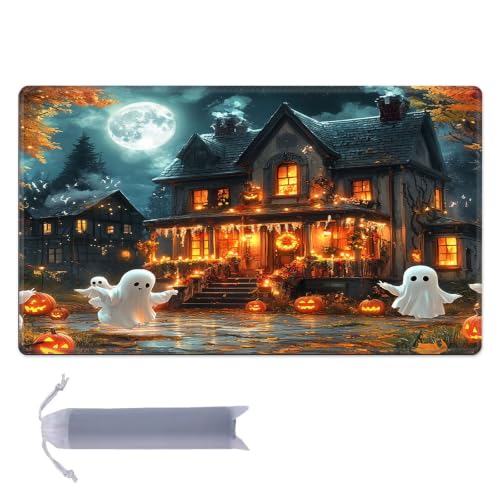 for MTG Playmat, Custom Trading Card Game Mat 17.3 x 13.8 in | Ghostly Pumpkin House Premium Non-Slip Rubber Base, Water-Resistant & Stitched Edges, Personalized High-Definition Art - color: Ghostly Pumpkin House, size: 17" x 14" Regular