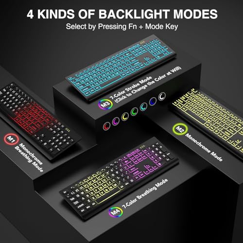 SABLUTE K11PRO Large Print Backlit Keyboard, 3X Larger Font Wired USB Lighted Computer Keyboard with 7-Color LED Illuminated Keys, Desktop Workstation Keyboard Compatible for PC Laptop Windows - color: Classic Black
