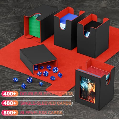 Proijeut 5 IN 1 Card Deck Box with Commander Display, Holds 800+ Cards, Includes 35pt Magnetic Card Holder and 10 Colorful Dividers(Black&Red) - color: Red-5 IN 1