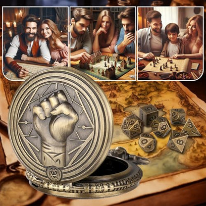 Mini DND Dice Set with Steampunk Monk (Fist) Pocket Watch Case, Tiny 7PCS Polyhedral Metal D&D Dice, DND Gifts with Gift Box, Role Playing Game Board Game Accessories Dice, Bronze - color: Bronze