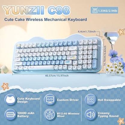 YUNZII C98 Wireless Mechanical Keyboard with Number Pad,98 Key BT5.0/2.4G/USB-C Hot Swap Gasket Mount with PBT MOA Keycaps,Custom RGB,Cute Cake Keyboard for Win/Mac (Blue, Candy Linear Switch) - color: Blue, size: Candy Linear Switch