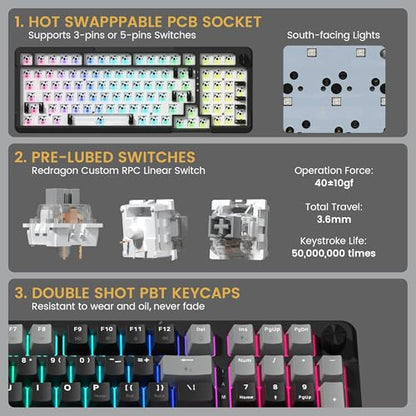 Redragon K742 Wireless Mechanical Gaming Keyboard with Knob for PC Computer | Bluetooth 5.0/2.4GHz/USB C Wireless Creamy Keyboard with Number Pad, RGB Backlits, Hot-Swappable with Linear Switches (Black) - color: Black