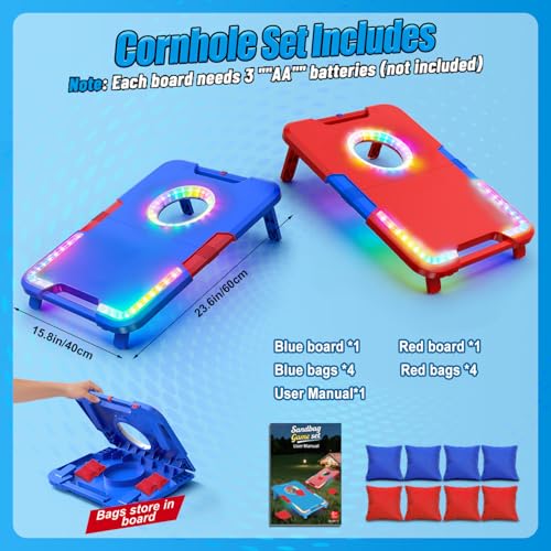 Light-Up Cornhole Board Set, Corn hole Sets with Sound Effects, 2 Foldable Boards & 8 Bean Bags, Portable Outdoor Toss game, Backyard Party Camping Toys Gifts for Kids,Teens,Family,Ages 6-12+