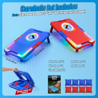 Light-Up Cornhole Board Set, Corn hole Sets with Sound Effects, 2 Foldable Boards & 8 Bean Bags, Portable Outdoor Toss game, Backyard Party Camping Toys Gifts for Kids,Teens,Family,Ages 6-12+