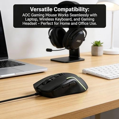 AOC Wired Gaming Mouse, 7200DPI RGB Ergonomic Computer Mouse with Optical Sensor Game Corded Mouse, 7 Programmable Buttons, USB Gaming Mice for Laptop, PC GM170