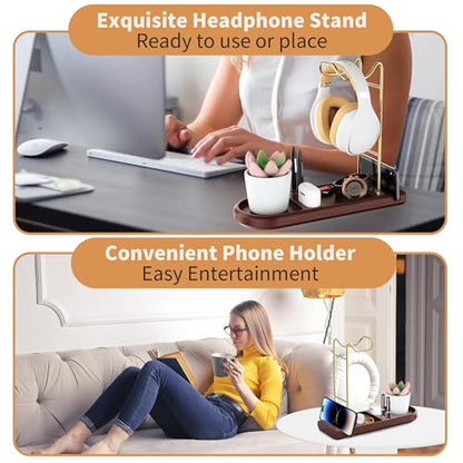 Wooden Headphone Stand for Desk, Gold Headset Holder with Tray | Unique Head Phone Holder, Controller And Headset Stand for Airpod Max And More, Desktop Headphone Hanger for Gaming, Office