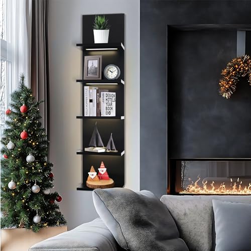5 Tier Wall Shelf Unit, Black | Lack Shelf, For Bedroom, Office, Bathroom, Vanity Shelves, With LED Remote Control Light - color: Black