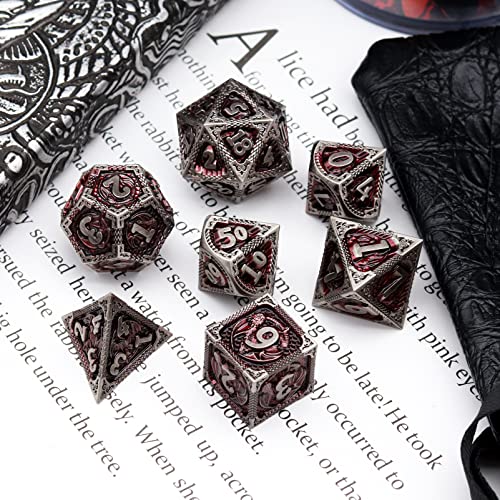 Haxtec DND Dice Set Metal D&D Dice Set with Leather Dice Bag Antique Iron Red Metal Polyhedral Dice Compatible with Dungeons and Dragons TTRPG Gifts - color: Grey Red