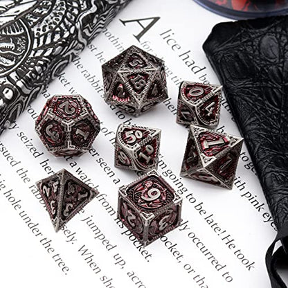 Haxtec DND Dice Set Metal D&D Dice Set with Leather Dice Bag Antique Iron Red Metal Polyhedral Dice Compatible with Dungeons and Dragons TTRPG Gifts - color: Grey Red