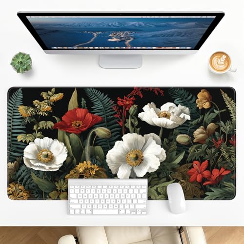 Large Gaming Mouse Pad, XL Desk Protector, Non-Slip Base | 31.5x15.7 in Extended Desk Mat with Stitched Edges for Keyboard, Work, Game, Office, Home PC and Laptop - color: Vintage Flower
