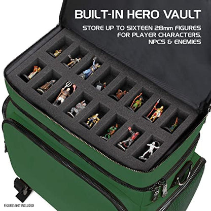 ENHANCE Collector's Edition RPG Adventurer's DnD Bag - Dragon Hide Exterior Travel RPG Bag with Tabletop Miniatures Storage Vault, Mat Holder, DnD Dice & Token Pockets, Fits 4-8 Books (Dragon Green) - color: Green Dragon