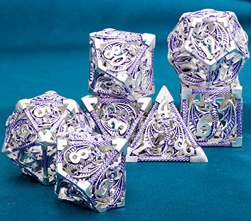 ARUOHHA Hollow DND Metal Dice Set Purple Dragons D and D Dice, RPG Role Playing Games Dungeons Polyhedral Dice with Gift Box D20 D12 D10 D8 D6 D4 - color: Silver Purple