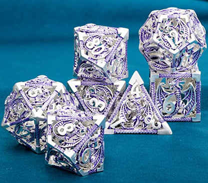 ARUOHHA Hollow DND Metal Dice Set Purple Dragons D and D Dice, RPG Role Playing Games Dungeons Polyhedral Dice with Gift Box D20 D12 D10 D8 D6 D4 - color: Silver Purple