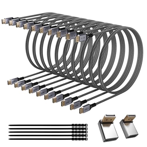 VESA Certified 8K DisplayPort 1.4 Cable 4 FT/10 Pack, 32.4Gbps High-Speed 8K@60Hz 4K@144Hz 2K@240Hz, HBR3 HDCP HDR, Braided Display Port DP Cord for Gaming Monitor PC TV Graphics+25 Ties+2 Adapters - size: 4FT, style: 10 Pack