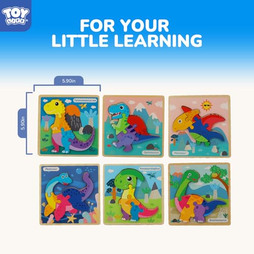 TOY Life 6-Pack Wooden Dinosaur Puzzles for Kids Ages 3-5 | Six colorful designs, easy-grip pieces, fine-motor practice, quiet travel activity, birthday gift - style: 6 Pack