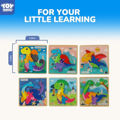 TOY Life 6-Pack Wooden Dinosaur Puzzles for Kids Ages 3-5 | Six colorful designs, easy-grip pieces, fine-motor practice, quiet travel activity, birthday gift - style: 6 Pack
