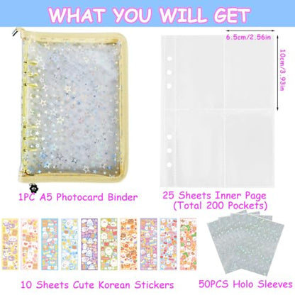 Kpop Photocard Binder with 6 Stickers Sheet & 50 Shinning Protective Sleeves Kpop Photocard Holder Book with Kpop Photocard, A5 Binder Photocard Album 30 Inner Pages with 240 Pockets (Yellow) - color: Yellow
