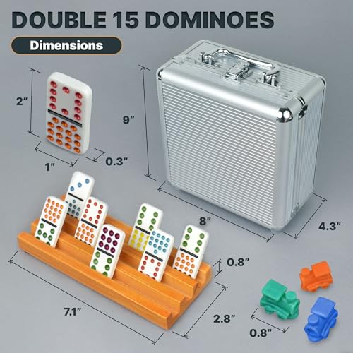 Queensell Mexican Train Dominoes Set Double 15 with 8 Holders - Wooden Hub and Tiles Holders - Double 15 with Dots (D15 + 8 Holders) - style: D15 + 8 Holders