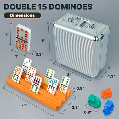 Queensell Mexican Train Dominoes Set Double 15 with 8 Holders - Wooden Hub and Tiles Holders - Double 15 with Dots (D15 + 8 Holders) - style: D15 + 8 Holders