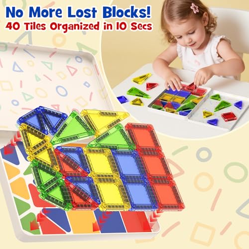 Mini Magnetic Tiles Travel Toys: Airplane Activities for Kids 3-8 | 40pcs Metal Box Play Base & Visual Storage Guide - Road Trip Essentials for Toddlers Quiet Games Portable Sets Must Haves - style: Glossy Surface Mini Magnetic Tiles - 40 PCS