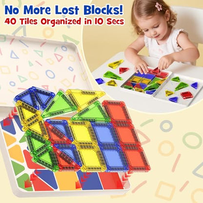 Mini Magnetic Tiles Travel Toys: Airplane Activities for Kids 3-8 | 40pcs Metal Box Play Base & Visual Storage Guide - Road Trip Essentials for Toddlers Quiet Games Portable Sets Must Haves - style: Glossy Surface Mini Magnetic Tiles - 40 PCS