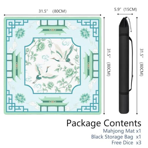 Chinoiserie Green Mahjong Mat for Table, 31.5*31.5in Anti Slip Mahjong Table Cloth, Noise Reduction, Neoprene Mah jongg Mat with Carrying Bag & 3 Dices, Mahjong Set Gift, Poker Board Tile Games Mats - color: Crane