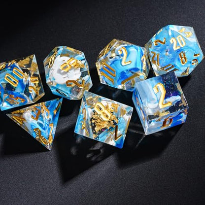 Cusdie Sharp Edges DND Dice, 7 PCs D&D Dice, Handcrafted Polyhedral Dice Set, for Role Playing Game Pathfinder (Blue Swirl w/Gold Foil) - color: Blue Swirl W/Gold Foil