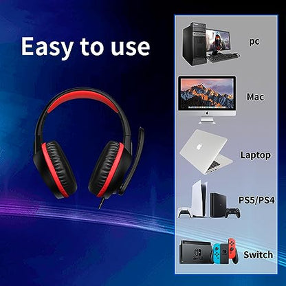 B3 Headset for Nintendo Switch, Xbox One, PS4, Mega Bass Surround and Noise Cancelling 3.5mm Jack Over Ear Headphones with Mic for Laptop PC - color: Red