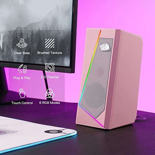 Redragon GS520 Wired 2.0 Channel Stereo Sound Desktop RGB Computer Speakers | Enhanced Auido Quality, Plug & Play USB Powered PC Gaming Speaker, 6 Colorful Backlight Modes, Easy-Access Volume Control - color: Pink