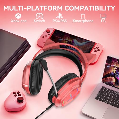 Wantek Cute Cat-Ear Gaming Headset - 50mm Drivers, Noise-Cancelling Mic, 3.5mm Wired Stylish & Lightweight Design (Red) - color: Red
