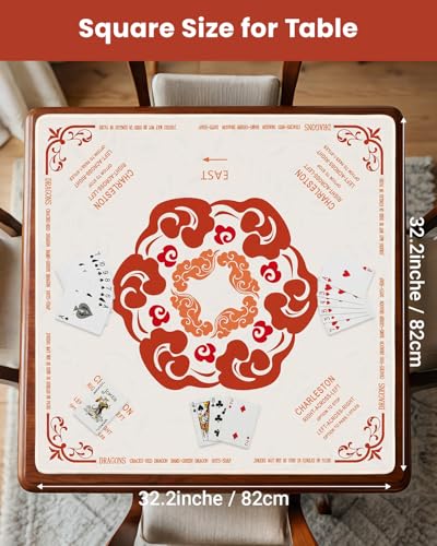 Mahjong Mat for Table, 32.4×32.4 Non-Slip Rubber Mahjong Mats with Mahjong Card 2026, Neoprene Mah Jong Mat with Carrying Bag for Poker, Board Games, Dominoes,Cards & Tile Games - color: Red Cloud