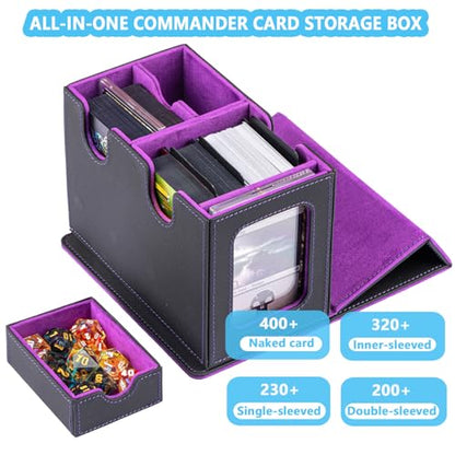 MTG Deck Box for Commander with Dice Tray,Designed for MTG Commander | Card Deck Box Fits 200+ Double Sleeved Cards,Card Storage Box with 3 Dividers 2 card holder - color: Purple