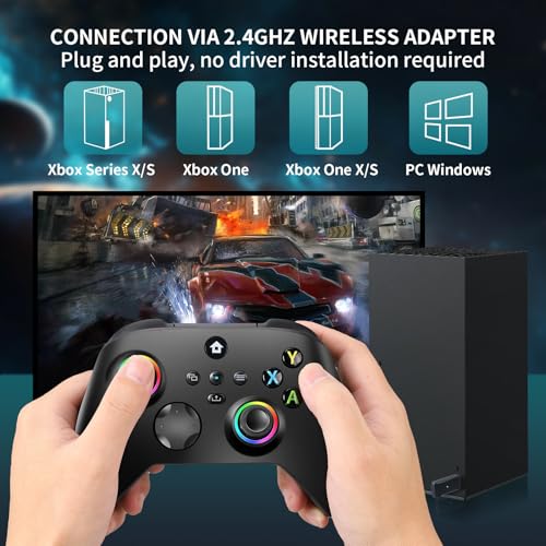 vaomon Wireless Controller Compatible With Xbox One, Xbox Series X/S, Xbox One X/S, PC, With RGB LED Light, Mappable Buttons, 3.5mm Headphone Jack, With 2.4GHZ Wireless Adapter Gamepad Dark Black
