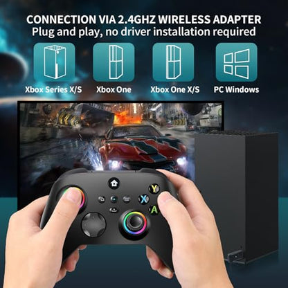 vaomon Wireless Controller Compatible With Xbox One, Xbox Series X/S, Xbox One X/S, PC, With RGB LED Light, Mappable Buttons, 3.5mm Headphone Jack, With 2.4GHZ Wireless Adapter Gamepad Dark Black