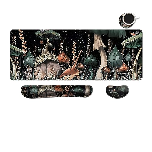 MIBITRI Keyboard Mouse Pad Set, Extended Gaming Mouse Pad+Ergonomics Keyboard Wrist Rest Support, Memory Foam, Easy Typing Pain Relief, 4Pcs XXL Ultra Thick Desk Mat, Snails and Mushroom - color: Snails and Mushroom